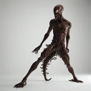 A dark, gothic, full-body view of an alien parasite made entirely of chocolate, with intricate, swirling patterns and shapes, set against a plain white background, with a sense of foreboding and mystery, in a wide-angle shot, with dramatic lighting and dynamic shadows, on a plain white background, even lighting