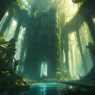 Marc Simonetti style, huge glass jungle temple, shiny walls refracting sunlight, large ethereal creature rising out of water, neon accents, metallic vines