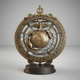 A highly detailed 3D model of the United States Marine Corps Eagle Globe and Anchor emblem, including a sturdy stand, in a style suitable for 3D printing, with intricate textures and accurate proportions, on a plain white background, full-body view, with the stand visible and the emblem prominently displayed, in a digital art style with high contrast and sharp lines, on a plain white background, even lighting