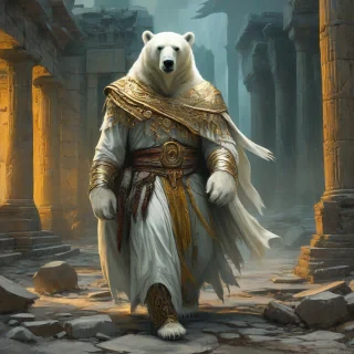 Digital art of a polar bear warrior wearing dramatically billowing robes, the polar bear warrior is walking through ancient ruins, his head is bowed down, vibrant gold accent color, Michael Whelan and Jeremy Mann influenced art styles, somber mood