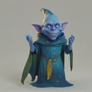 3d animated blue goblin, wearing a mystical cape, vivid colors, bright lighting, mystical appearance, with a happy expression on its face, on a plain white background, even lighting