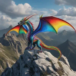 Fantasy realism of a rainbow dragon on a mountain top