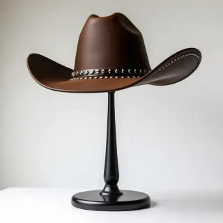 A hat stand with a cowboy hat on it. The cowboy hat is decorated in studded metal along the brim