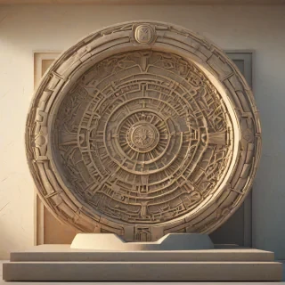 A majestic, ancient magical artifact with a khaki-colored, brutalist architecture-inspired design, featuring intricate carvings and mysterious runes, set against a plain white background, in a wide shot with the artifact's base visible, lit by a soft, warm backlight with dynamic shadows, in the style of a digital illustration with a mix of realistic and fantastical elements, on a plain white background, even lighting