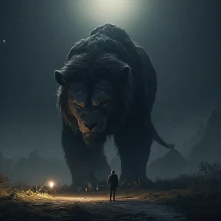 Digital art environmental scene at night with person and huge gentle beast staring down