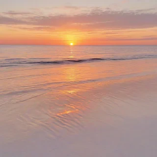 a serene sunset over the calm ocean, with warm golden light reflecting off the gentle waves, in a wide shot with the horizon visible, in the style of a digital painting