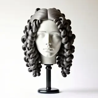 A 1700s style French powdered wig on a wig stand