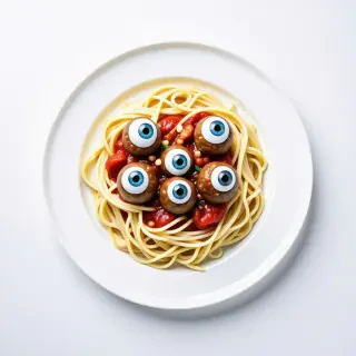 A plate of spaghetti but with six eyeballs instead of meatballs