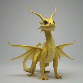 Small yellow dragon with six wings and four tails, on a plain white background, even lighting 