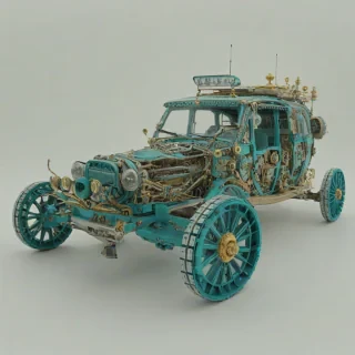 A full-body view of a turquoise rover with intricate baroque details, set against a plain white background, with a wide-angle shot and soft, natural lighting, emphasizing the vehicle's complex design and mechanical features