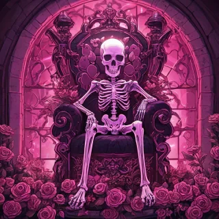 A 2d cartoon style neon glowing skull sitting on a small pile of flowers inside on a throne room, cartoon, natural light from the windows in the throne room and a soft reddish pink glow from the skull, close up on the skull
