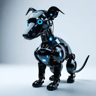 a cyber greyhound dog robot with blue accent lights on it