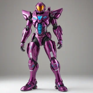 A full-body view of a plum-colored mech suit, with a cartoon style, standing on a plain white background, with bright, vibrant colors and bold lines, and a wide-angle shot to capture the entire suit, with dynamic shadows and a hard rim light to accentuate its metallic surfaces