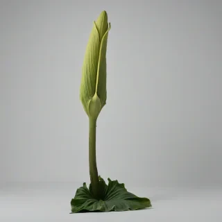 full-body view of a single corpse flower in bloom on a plain white background, wide shot, with green leaves and a tall stem