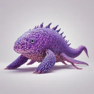 A full-body view of a vibrant, violet sea creature, with intricate pixel art details, set against a plain white background, in a wide shot, with the creature's entire body visible, including its feet or appendages, in a digital art style, with a soft, pastel color palette and subtle shading, on a plain white background, even lighting