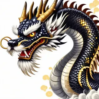 An anime Chinese dragon with black and gold speckled scales. It has yellow eyes and golden horns.