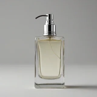 A luxurious perfume bottle with a silver cap and a squeeze ball pump, on a plain white background, full-body view, with the pump prominently displayed, in a high-end, detailed, realistic style, with soft, natural lighting and subtle shadows, on a plain white background, even lighting 