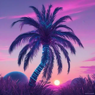 A futuristic, neon-lit palm tree with glowing blue leaves and a metallic trunk, set against a vibrant purple and pink sunset on a distant planet, with a wide shot and full-body view of the tree, on a plain white background, in a digital art style with bold lines and bright colors, on a plain white background, even lighting