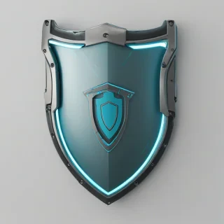 A futuristic, high-tech, cyan-colored shield with a metallic finish, neon accents, and a sleek design, set against a plain white background, in a wide shot with the shield's edges visible, utilizing a cyberpunk aesthetic with sharp lines and vibrant colors, and incorporating subtle lighting effects to enhance the shield's details