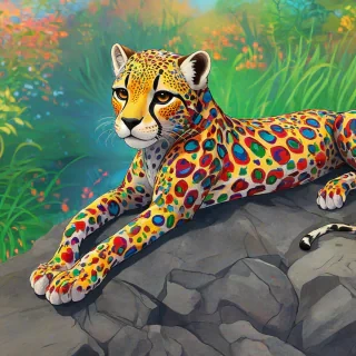 Digital anime art of a rainbow cheetah with multicolored, swirly spots, laying on a rock, in a vibrant anime savannah