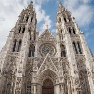 A wide shot of the exterior of a grand, ornate cathedral with intricate stone carvings, stunning stained glass windows, and a tall, imposing spire, set against a clear blue sky with a few puffy white clouds, on a plain white background, in the style of a highly detailed, realistic architectural photograph, on a plain white background, even lighting, on a plain white background, even lighting 