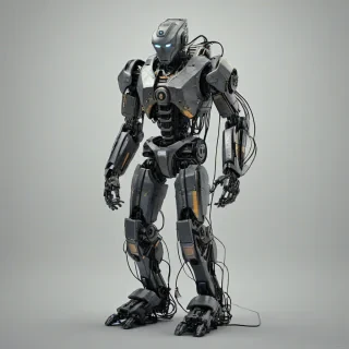 A full-body view of a robot with a grunge aesthetic, featuring a mix of dark grey and black metallic tones, with visible bolts and wires, set against a plain white background, in a wide shot with the robot's feet visible, with a sense of dynamic movement and energy, in a digital art style with bold lines and textures, replacing the charcoal tones with slate grey, on a plain white background, even lighting