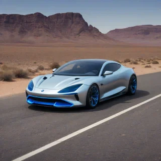 Sleek, silver sports car, glowing blue headlights, futuristic design, full-body view, on a desert road