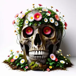A skull with patches of moss covering it. There are dozens of colorful daisies growing out of the eye sockets