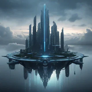 a futuristic, steel blue, cyberpunk themed floating island, with sleek skyscrapers and neon lights, set against a dark, misty sky, in a wide shot, with the entire island visible, on a plain white background, full-body view, with intricate details and textures, in a digital art style, with a sense of depth and atmosphere