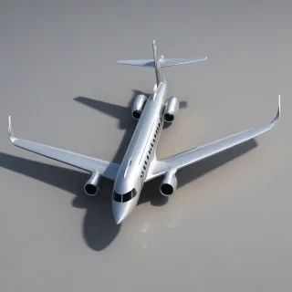 A detailed, full-body view of a sleek, silver Gulfstream G-6 airplane, with a subtle sheen, set against a plain white background, in a wide shot, with the sun shining down, casting a slight shadow underneath, and a hint of a runway in the distance, in a realistic, high-definition, digital art style, on a plain white background, even lighting 