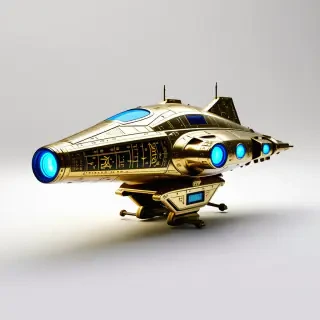 A fantasy-style sci-fi turret made of solid gold with glowing blue lights on a white background, featuring magical runes and mystical symbols etched into its surface.