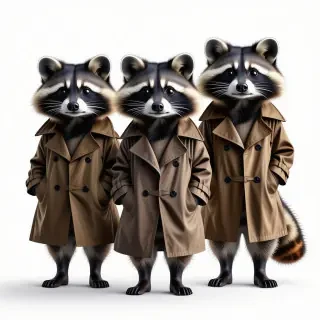 Three raccoons in a trenchcoat