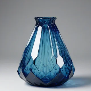 deep blue colored, multi faceted vase, on a plain white background, even lighting