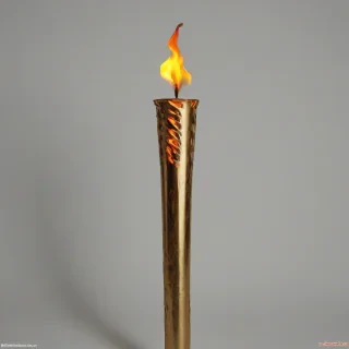 A fire lit torch, with a warm and golden flame, in a wide shot, on a plain white background, with the torch standing upright, full-body view, with the fire crackling and illuminating the surrounding area, in a digital art style, with vibrant and saturated colors, on a plain white background, even lighting 