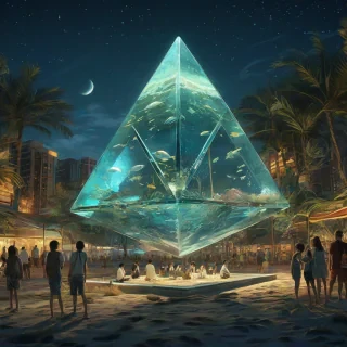Glowing giant clear glass tetrahedron with aquatic and tropical etchings, tropical fish inside, floats in anime desert city at night, small crowd underneath gazing up in awe