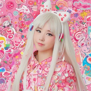 A full-body view of a colorful, cartoonified purikura style photo of a single subject with a bright white, vibrant hair accessories, and exaggerated facial features, in the style of Japanese kawaii art, with bold lines and textures, and a mix of digital painting and illustration styles