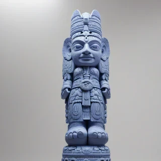 A highly detailed, full-body view, periwinkle-colored totem pole, set against a plain white background, in a realistic style, with intricate carvings and textures, under soft, natural light, with a wide-angle shot, capturing the entire pole from top to bottom, with feet visible, in a serene and misty atmosphere, on a plain white background, even lighting