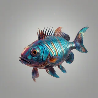 A colorful fish out of water, wearing a shiny metallic breathing apparatus on its head, with a wide-angle view of the entire fish, including its fins and tail, on a plain white background, in a digital art style with bold lines and vibrant colors, with a soft focus effect to emphasize the fish's unusual situation, on a plain white background, even lighting, on a plain white background, even lighting 