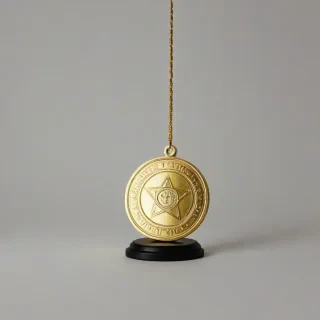 gold medallion on a stand, bright lighting, on a plain white background, even lighting