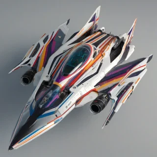 A vibrant and colorful military space fighter, with a sleek and futuristic design, featuring bold stripes and patterns, set against a plain white background, in a wide shot with the entire spacecraft visible, including the cockpit, wings, and engines, with a dynamic lighting effect and a sense of motion, in a digital art style with bold lines and bright colors, on a plain white background, even lighting 