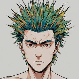 A wide-angle shot of an anime head with spiky hair, showcasing all facial features in a straight-on view, with vibrant colors and detailed expressions, set against a plain white background, in the style of Japanese manga and anime illustrations, full-body view of the head, with the hair styled in a dynamic and edgy manner, and the facial features clearly visible, including the eyes, nose, mouth, and eyebrows, on a plain white background, even lighting, with the body and feet visible up to the ankles