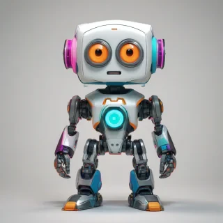 A cute, video game robot with a stumpy body, big eyes, and a cubic face, standing in a full-body view with its feet visible, on a plain white background, in a comic book art style with bold neon lines and bright colors, with a wide-angle shot and bright lighting, on a plain white background, even lighting 