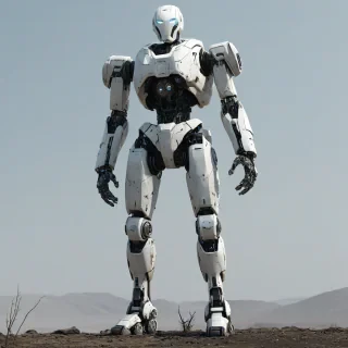 a white robot standing alone in a desolate, post-apocalyptic landscape, with a wide shot and full-body view, on a plain white background, with a focus on the robot's mechanical details and a sense of ruggedness and survival, in a digital art style with bold lines and vibrant colors