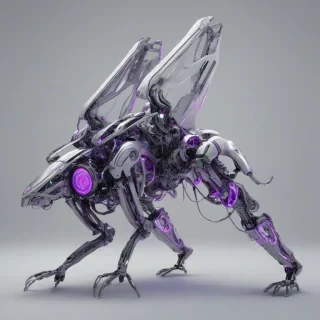 a full-body view of a biomechanical flying object with a predominantly grey and metallic exoskeleton, neon purple accents, and visible mechanical components, set against a plain white background, in a futuristic, high-tech style with a mix of digital painting and 3D art elements, wide shot, feet visible, with a sense of dynamic movement and energy