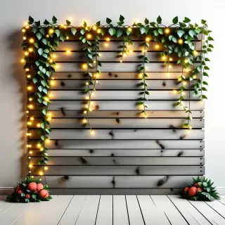A wooden wall decorated with fake vines and fairy lights