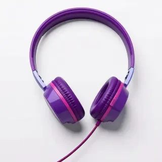 purple and pink headphones with a cord