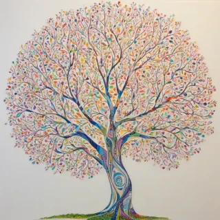 A vibrant, white, enchanted tree, in a full-body view, with a wide shot, set against a plain white background, in the style of pop art, with bold lines, bright colors, and a sense of magic, with intricate details on the tree's trunk, branches, and leaves, and a subtle glow effect to convey an air of mysticism