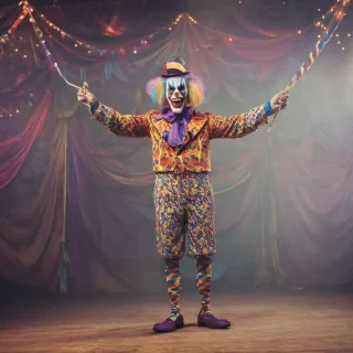 Colorful monster performing at circus, full-body view, creepy circus background