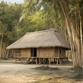 A small, rustic hut with thatch roofing, elevated on bamboo stilts, in a wide shot with the entire hut visible, on a plain white background, in the style of a watercolor painting, with soft, warm lighting and dynamic shadows, on a plain white background, even lighting 