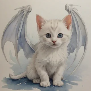 watercolor of a kitten with white dragon wings